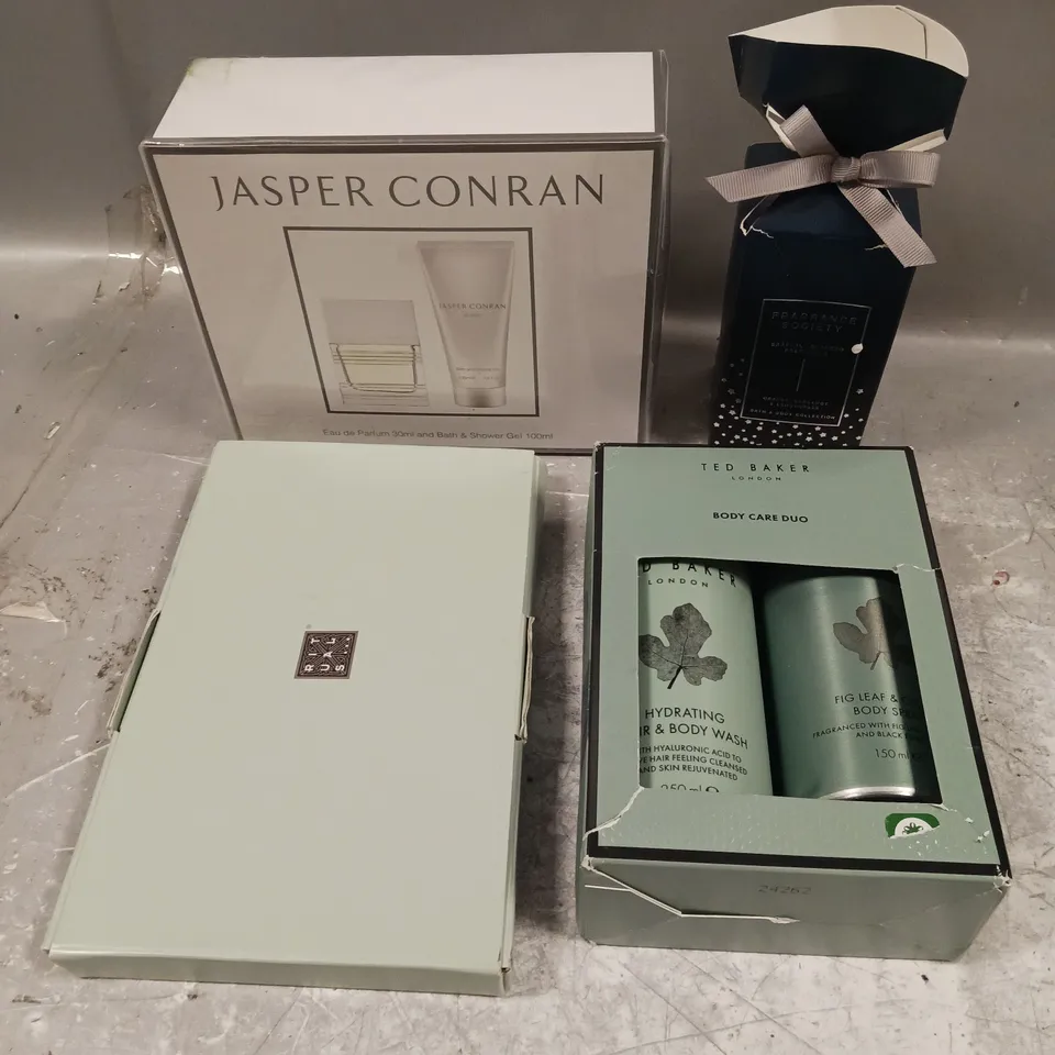 LOT OF 4 ASSORTED COSMETIC GIFTSETS TO INCLUDE - TED BAKER BODY CARE DUO - RITUALS... HAND CARE TRIO - M&S ORANGE, BERGAMONT & LEMON GRASS BODY TRIO - ETC