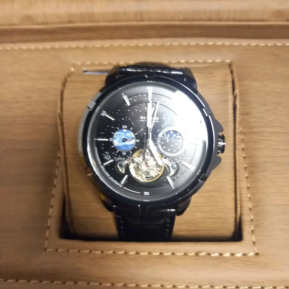 MENS WILLIAM JOURDAIN AUTOMATIC 2580 WATCH – OPEN HEART MOVEMENT WITH SUB DIALS – GLASS EXHIBITION BACK CASE – BLACK GENUINE LEATHER STRAP