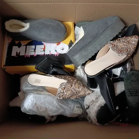 BOX OF APPROXIMATELY 12 PAIRS OF ASSORTED SHOES IN VARIOUS COLOUR, STYLES AND SIZES