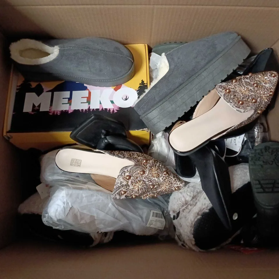 BOX OF APPROXIMATELY 12 PAIRS OF ASSORTED SHOES IN VARIOUS COLOUR, STYLES AND SIZES