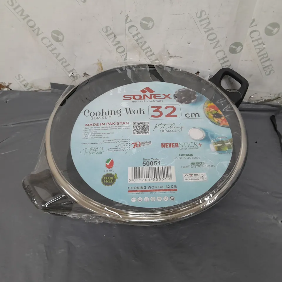 BOXED SONEX 32CM COOING WOK WITH GLASS LID 