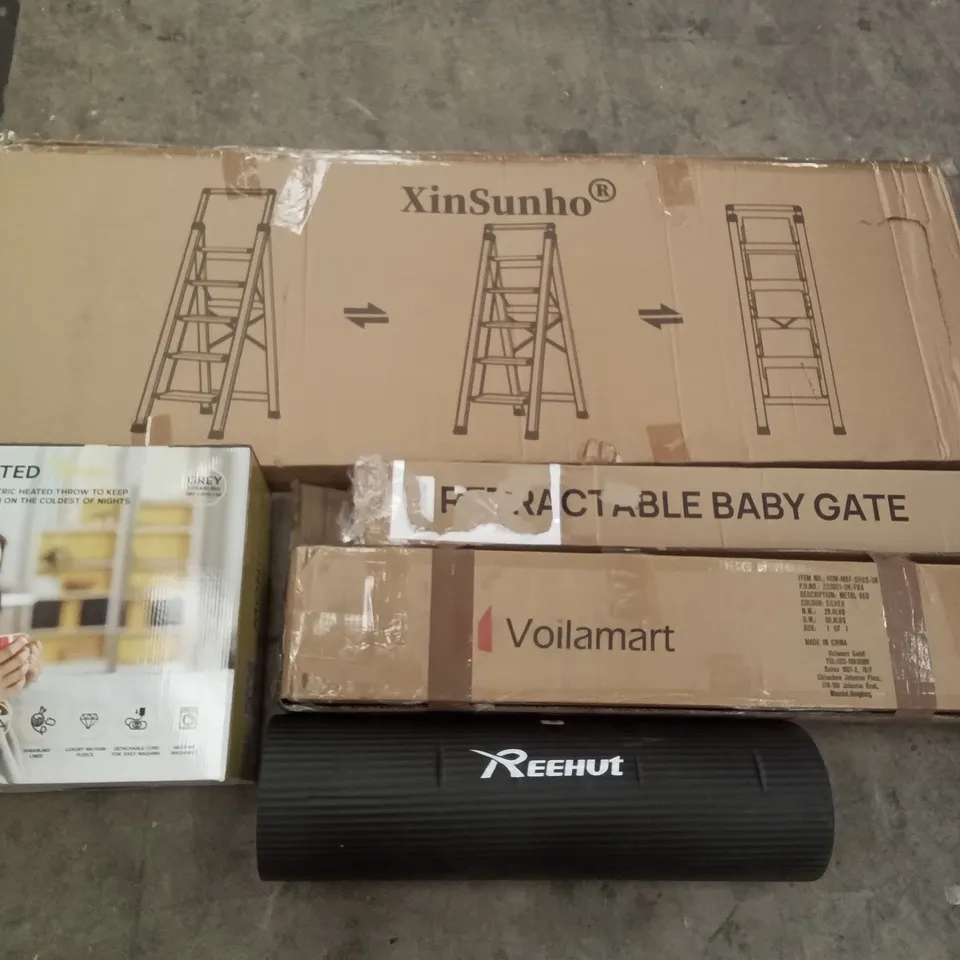 PALLET OF ASSORTED ITEMS INCLUDING VOILAMART METAL BED, HEATED THROW, XINSUNHO LADDER, REEHUT FITNESS MAT, RETRACTABLE BABY GATE