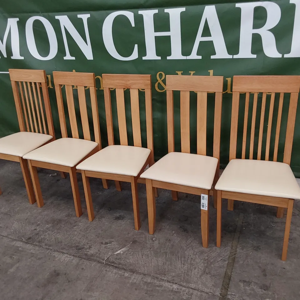 FIVE LIGHT WOOD FRAMED DINING CHAIRS WITH CREAM PU SEATS (3 &2)