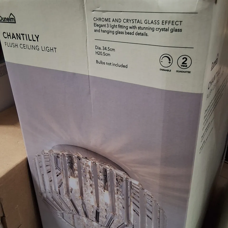 BOXED DUNELM CHANTILLY CHROME & CRYSTAL GLASS EFFECT FLUSH CEILING LIGHT (3-LIGHT)