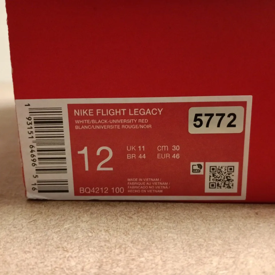 BOXED PAIR OF NIKE FLIGHT LEGACY SNEAKERS – WHITE/BLACK/UNIVERSITY RED, UK 11 (US 12)