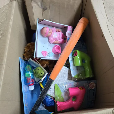 BOX OF APPROXIMATELY 10 ASSORTED TOYS INCLUDING BASEBALL BAT AND BUBBLE BLASTER 