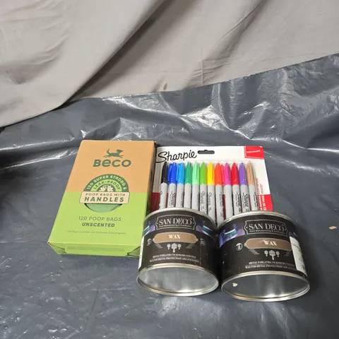 APPROXIMATELY 18 ASSORTED ITEMS TO INCLUDE SHARPIE 12 PACK, SAN DECO WAX, BECO POOP BAGS ETC