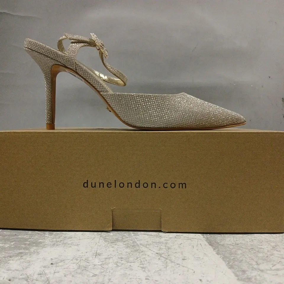 BOXED PAIR OF DUNE LONDON 398 CHANNEL POINTED TOE HIGH HEELS IN GOLD GLITTER SIZE EU 38