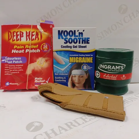 APPORXIMATELY 20 ASSORTED HEALTH PRODUCTS TO INCLUDE DEEP HEAT PAIN RELIEF HEAT PATCH, KOOL'N'SOOTHE COOLING GEL SHEET FOR MIGRAINE, PROMEDICS WRIST BRACE, INGRAM'S HERBAL CAMPHOR CREAM ETC.