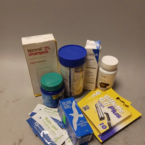 BOX OF APPROXIMATELY 12 COSMETIC ITEMS TO INCLUDE - NIZORAL 2% SHAMPOO - CERAVE EYE REPAIR CREAM - MYCONUTRI MESMA SUPPLEMENTS - ETC