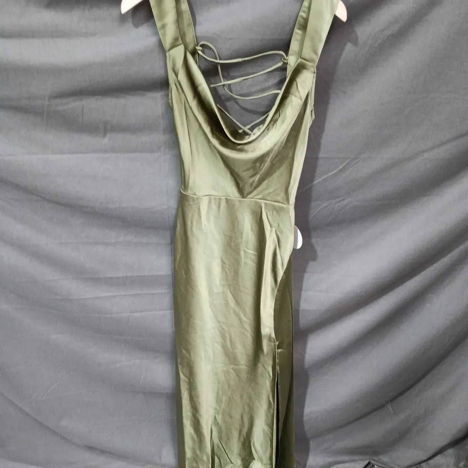OHHELLO CLOTHING OLIVE GREEN SATIN MAXI DRESS – UK SIZE S (STYLE JY24002)