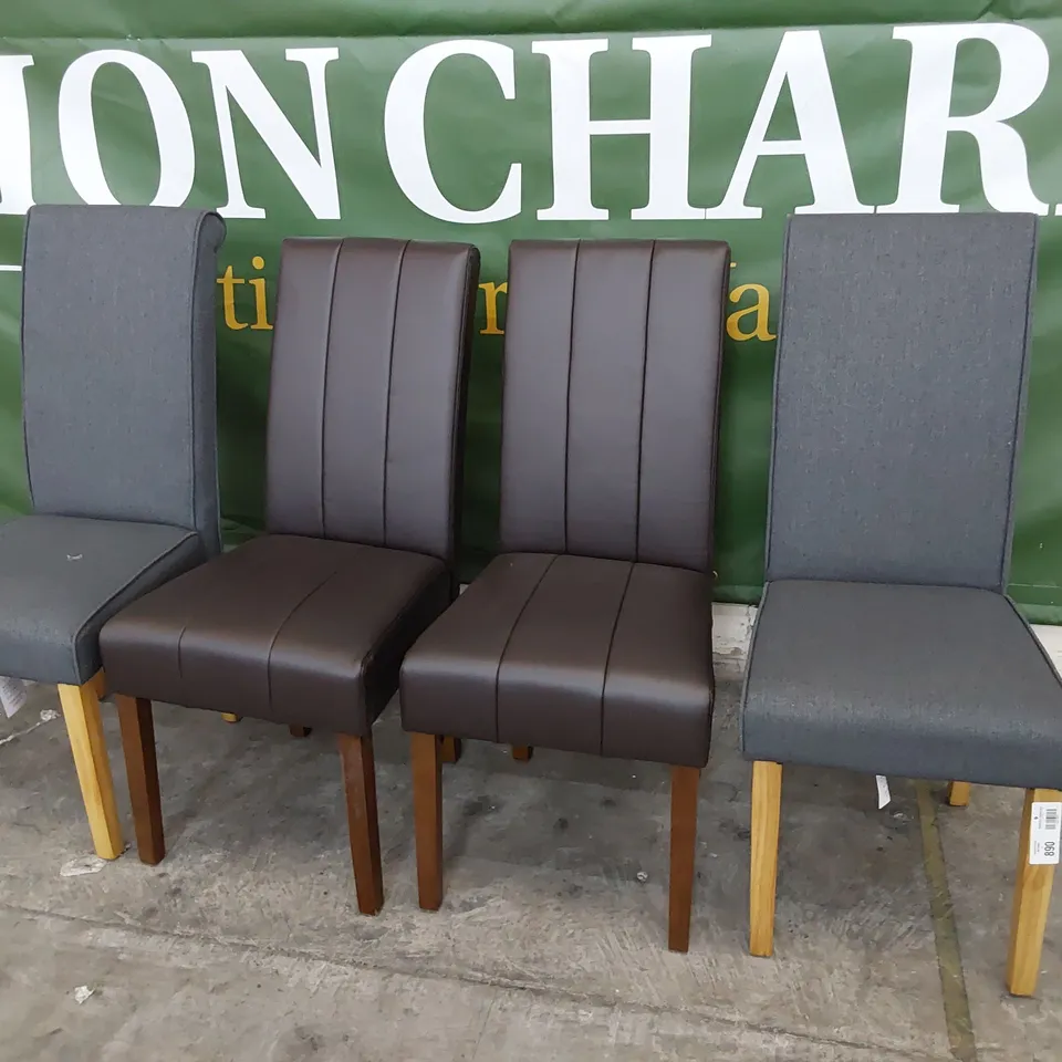 FOUR UPHOLSTERED DINING CHAIRS 2× BROWN PU, 2× CHARCOAL FABRIC 