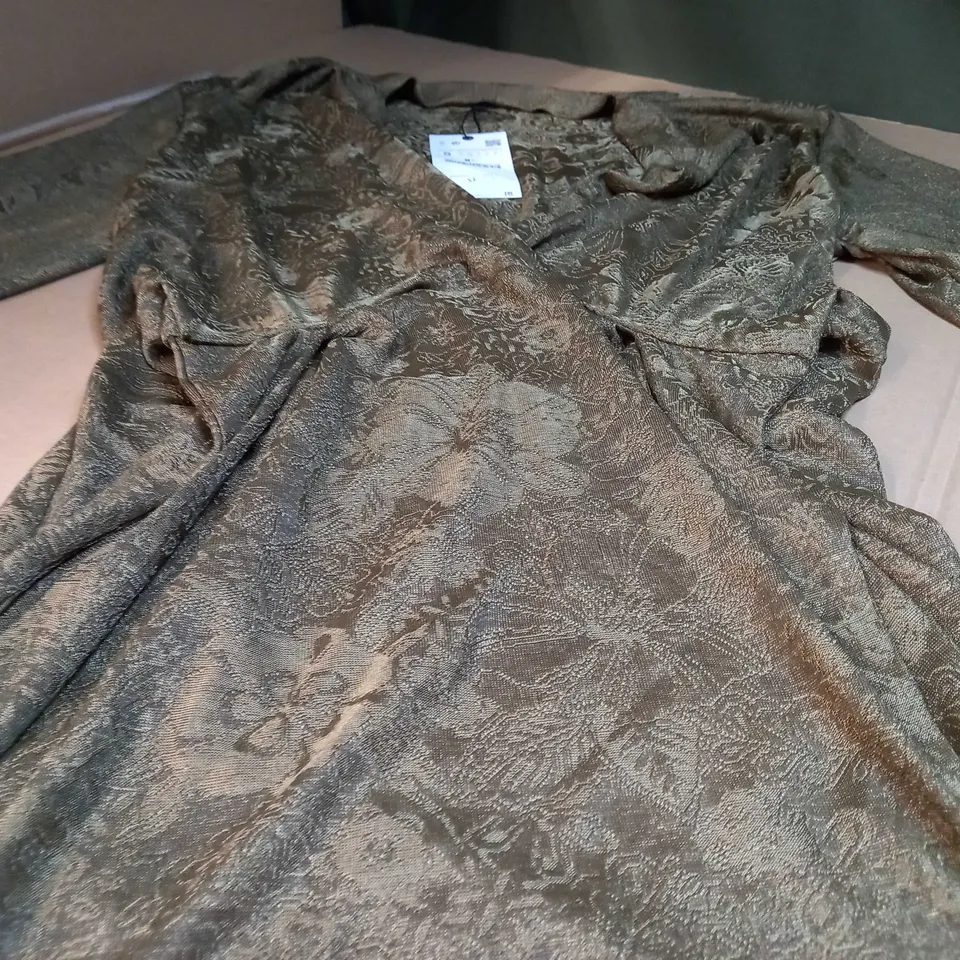 ZARA KHAKI TEXTURED WIDE SLEEVED PLUNGE MINI DRESS - SMALL