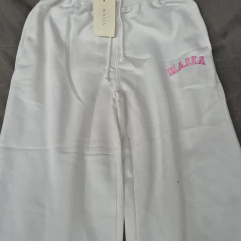 KAIA BOW-EMBROIDERED WIDE-LEG JOGGERS – WHITE & PINK, UK 8