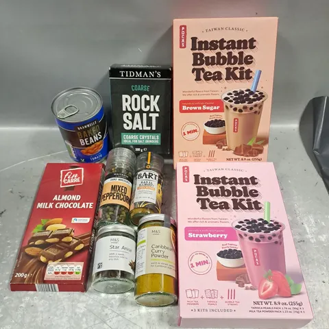 APPROXIMATELY 15 ASSORTED FOOD/DRINK PRODUCTS TO INCLUDE BUBBLE TEA KIT, ROCK SALT, ALMOND MILK CHOCOLATE ETC 