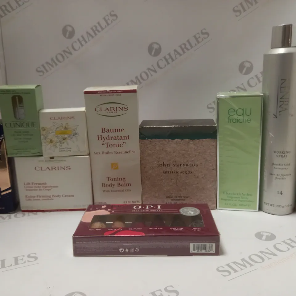 BOX OF APPROX 12 ASSORTED BEAUTY PRODUCTS TO INCLUDE CLARINS EXTRA-FIRMING BODY CREAM, CLARINS RENEW PLUS BODY SERUM, O.P.I NAIL POLISH, ETC