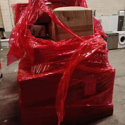 PALLET OF ASSORTED HOUSEHOLD GOODS AND PRODUCTS TO INCLUDE;SPORTS RACKET, SUITCASE,CAT LITTER TRAY