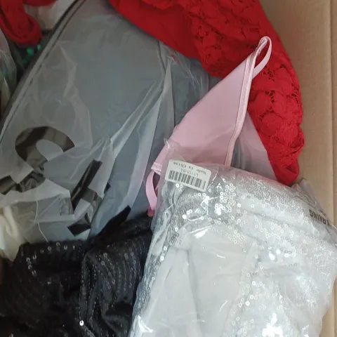 BOX OF ASSORTED CLOTHING ITEMS TOO INCLUDE TOPS , TROUSERS AND DRESSES , ETC