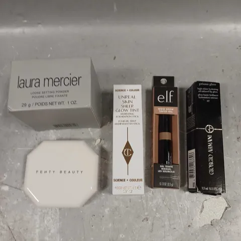 LOT OF 5 ASSORTED COSMETIC ITEMS TO INCLUDE - CHARLOTTE TILBURY FOUNDATION STICK IN 4 FAIR - ELF WOW BROW TINTED GEL IN TAUPE - LAURA MERCIER LOOSE SETTING POWDER - ETC