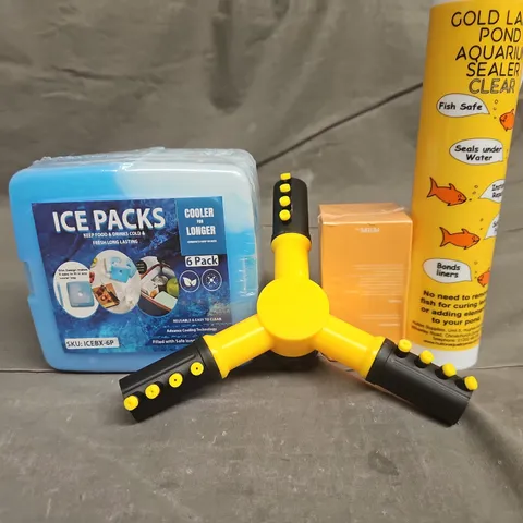 TOTE OF APPROXIMATELY 10 ASSORTED HOUSEHOLD ITEMS TO INCLUDE WATER SPRINKLER, ICE PACKS AND AQUARIUM SEALER
