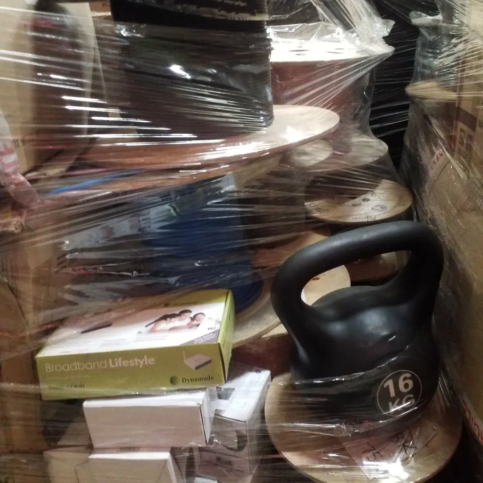 PALLET CONTAINING  ASSORTED PRODUCTS INCLUDING WIRELESS ROUTER ADSL MODEM, ASSORTED SPOOLS OF WIRE, 16KG KETTLEBELL & ASSORTED OUTDOOR CAMERAS