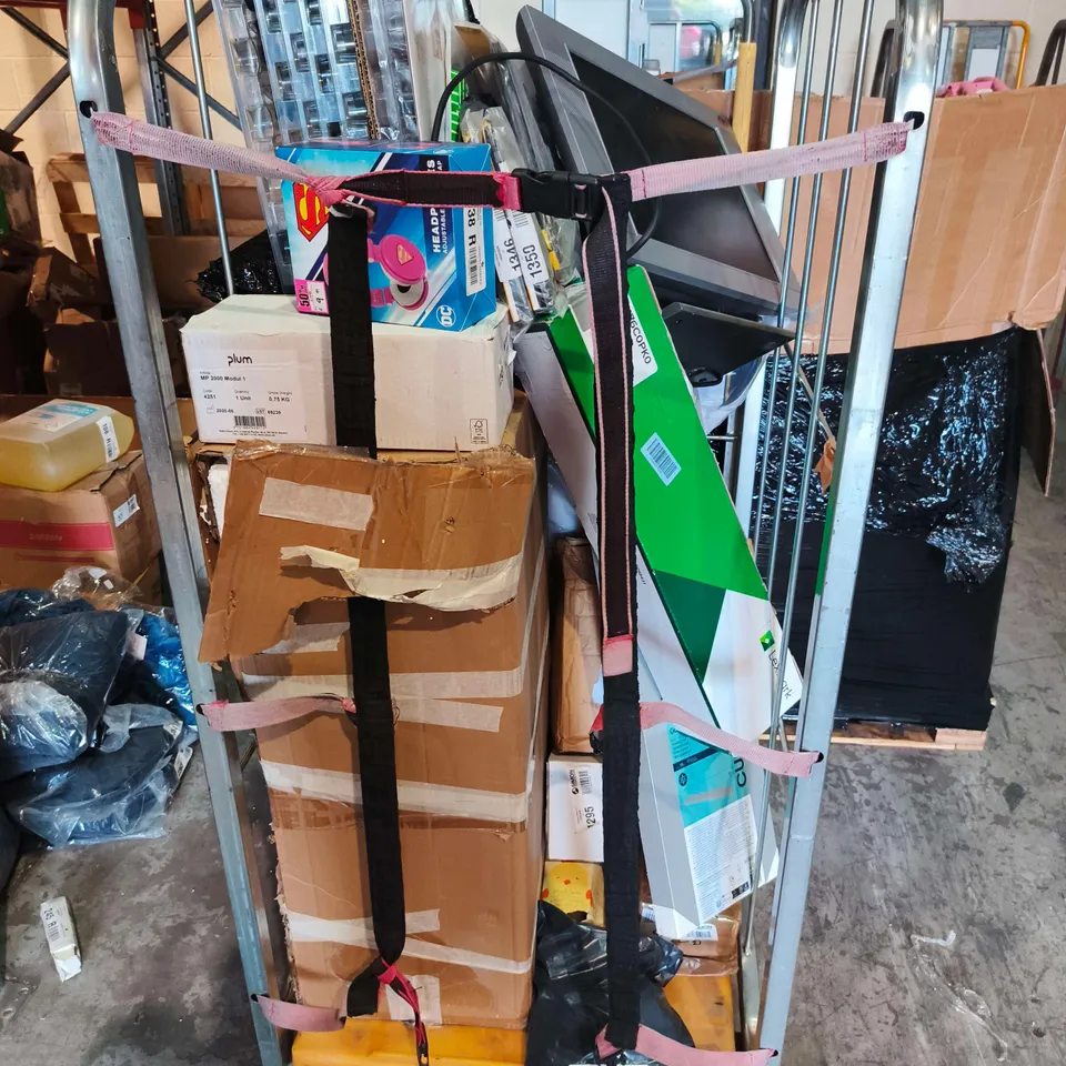 PALLET CONTAINING A LARGE QUANTITY OF ASSORTED MOBILE PHONE PACKAGING AND A CAGE OF APPROXIMATELY 20 ASSORTED ITEMS INCLUDING TOMY POP UP PIRATE , SMART TECHNOLOGIES WALL MOUNT , LEXMARK PRINTER PART