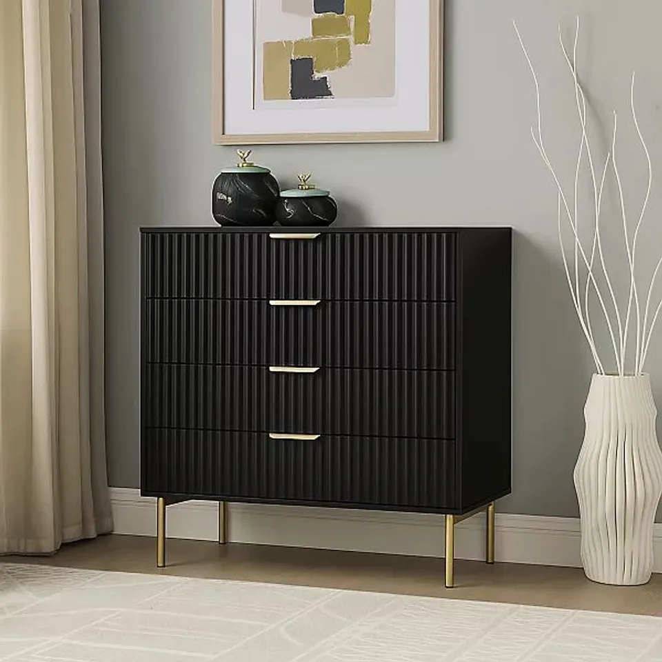 BOXED BLACK RIDGED 4 DRAWER CHEST OF DRAWERS (1 BOX)