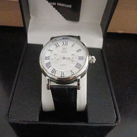 ERNEST FERDINAND QUARTZ WRISTWATCH – ROMAN NUMERALS, BLACK LEATHER STRAP IN PRESENTATION BOX