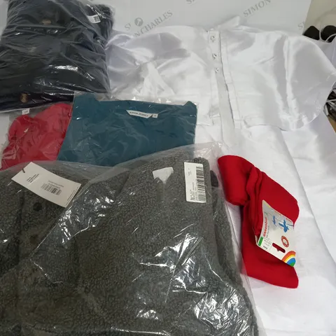 LARGE BOX OF ASSORTED CLOTHING ITEMS IN VARIOUS COLOURS AND SIZES INCLUDING TROUSERS , TOPS AND JUMPERS