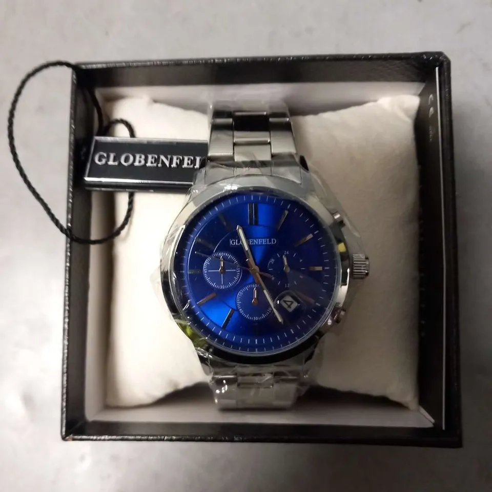 BOXED GLOBENFELD MARKSMAN SILVER BLUE WRIST WATCH