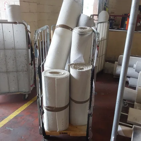 CAGE CONTAINING APPROXIMATELY 6 ASSORTED SMALL CARTPETS/CARPET CUT-OFFS // CAGE NOT INCLUDED 
