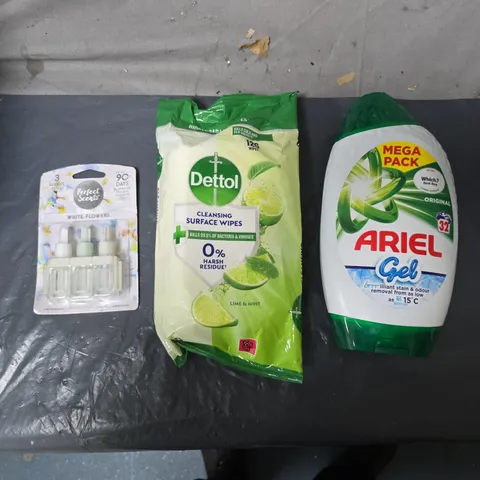 APPROXIMATELY 10 ASSORTED HOUSEHOLD ITEMS TO INCLUDE DETTOL WIPES, ARIEL GEL & PLUG IN SCENT REFILLS ETC