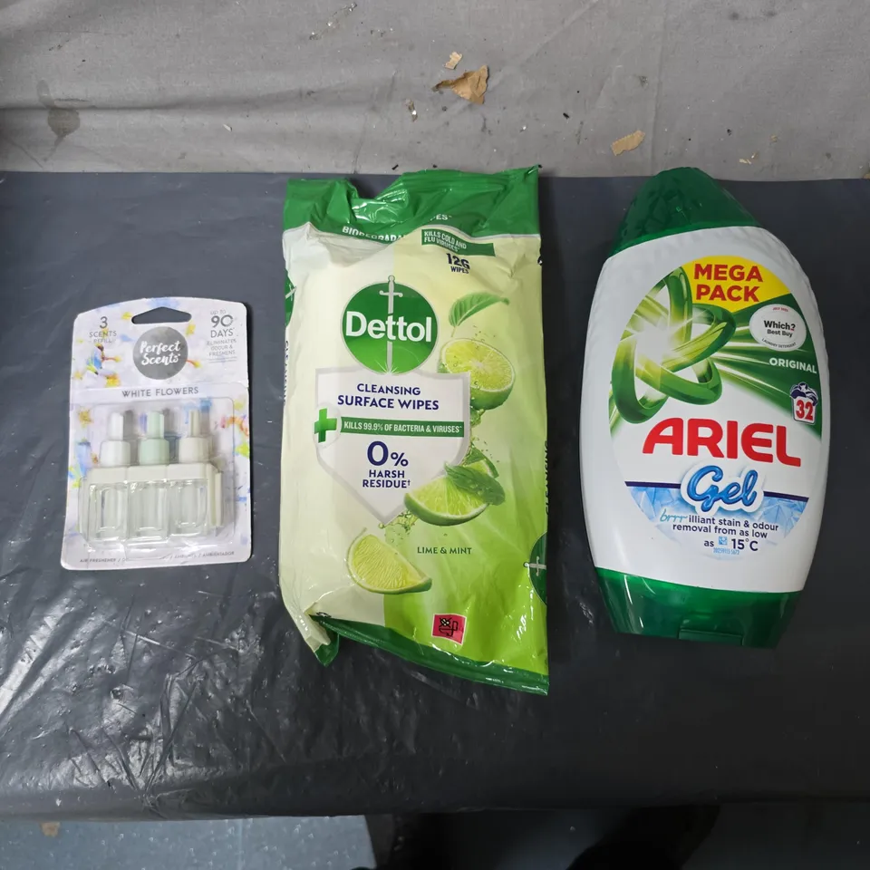 APPROXIMATELY 10 ASSORTED HOUSEHOLD ITEMS TO INCLUDE DETTOL WIPES, ARIEL GEL & PLUG IN SCENT REFILLS ETC