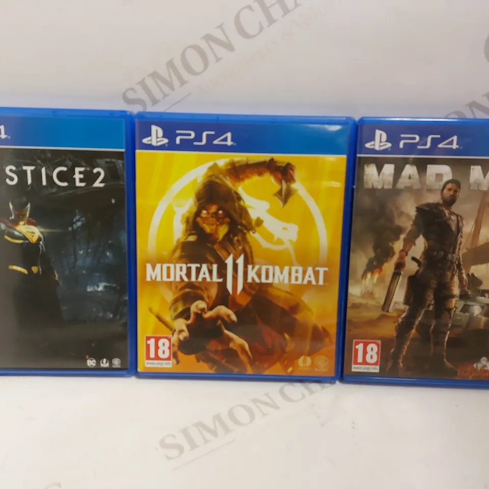 BOX OF 3 PS4 GAMES TO INCLUDE INJUSTICE 2, MORTAL KOMBAT II AND MAD MAX