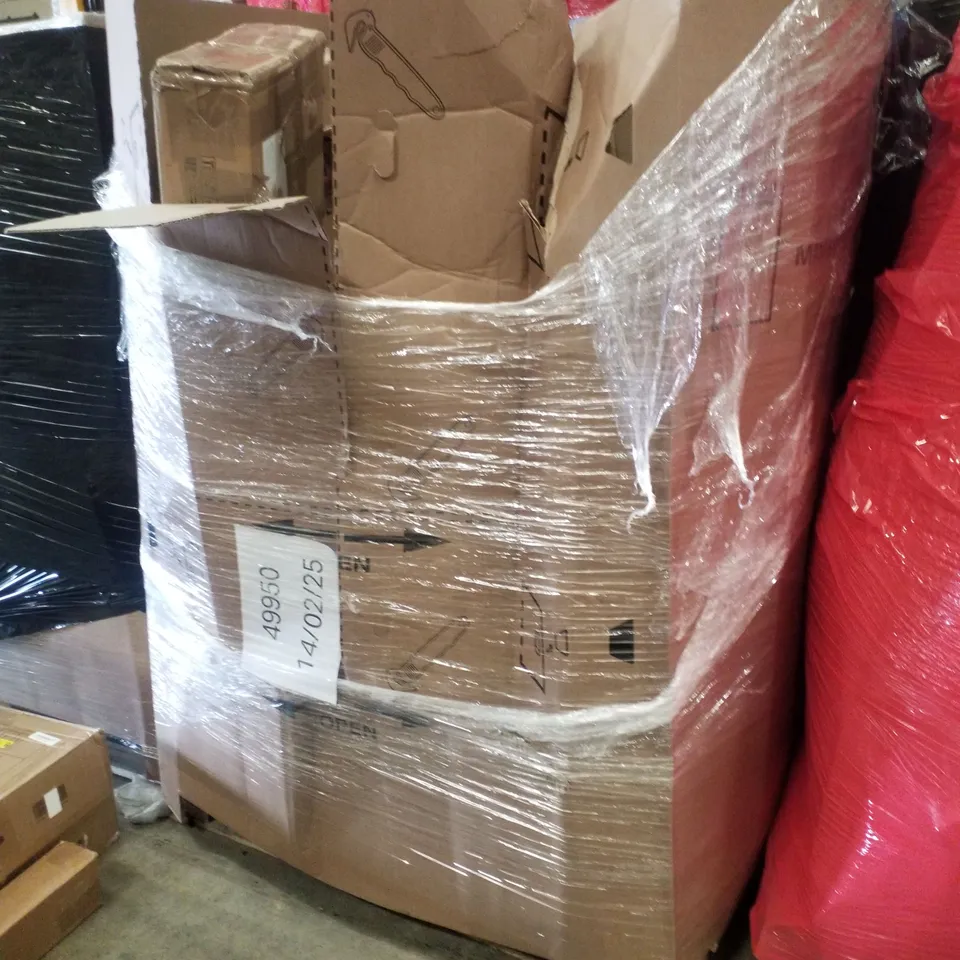 PALLET CONTAINING ASSORTED PRODUCTS INCLUDING WHITEBOARD, ACCENT CHAIR, MESH CHAIR, RETRACTABLE GATE