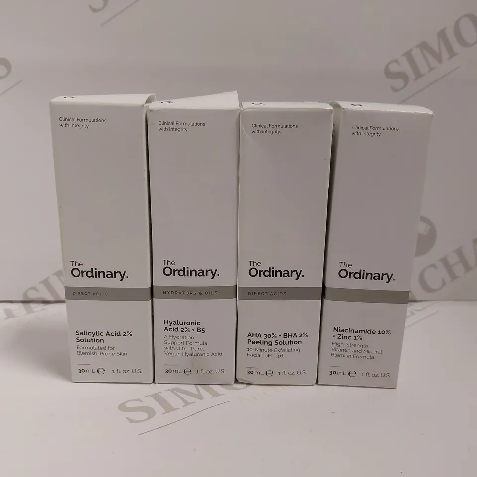 BOX OF 4 THE ORDINARY ITEMS TO INCLUDE SALICYLIC ACID, HYALURONIC ACID, NIACINAMIDE 