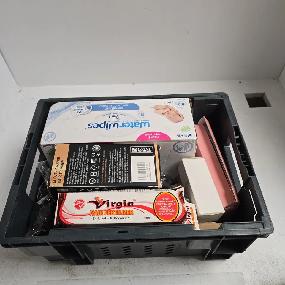 TOTE OF APPROXIMATELY 10 ASSORTED ITEMS INCLUDING WATERWIPES, VIRGIN HAIR FERTILIZER AND AN ELECTRIC SHAVER