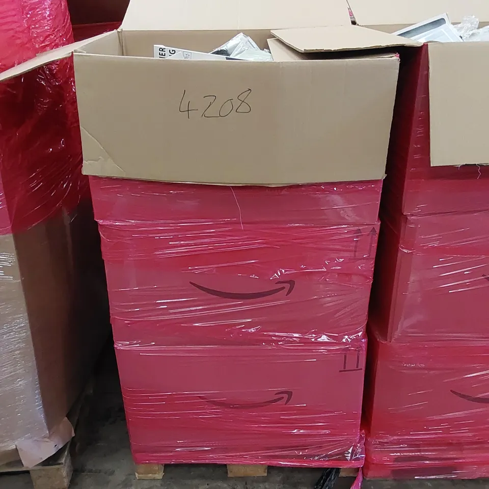 PALLET OF ASSORTED HOUSEHOLD ITEMS AND CONSUMER PRODUCTS. INCLUDES CLOTHES, JIGSAW, PET CAR SEATS ETC 