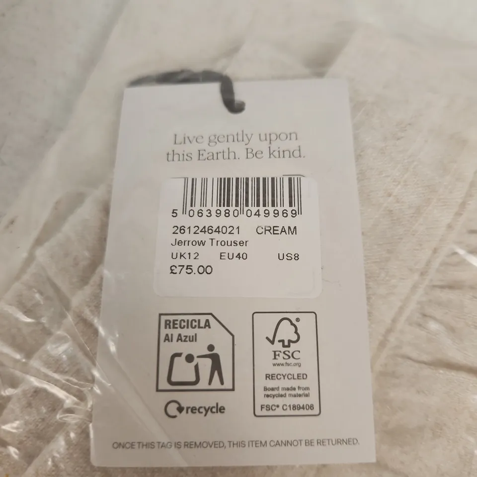 CREAM JERROW TROUSER – UK12 (EU40 US8) – NEW WITH TAG