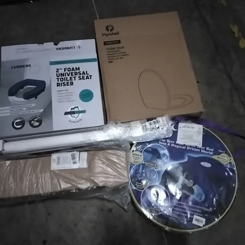 PALLET CONTAINING ASSORTED PRODUCTS INCLUDING TOILET SEAT, 2" FOAM UNIVERSAL TOILET SEAT RISER, ROLLER BLIND, TAKEAWAY BOXES & POP UP TENT