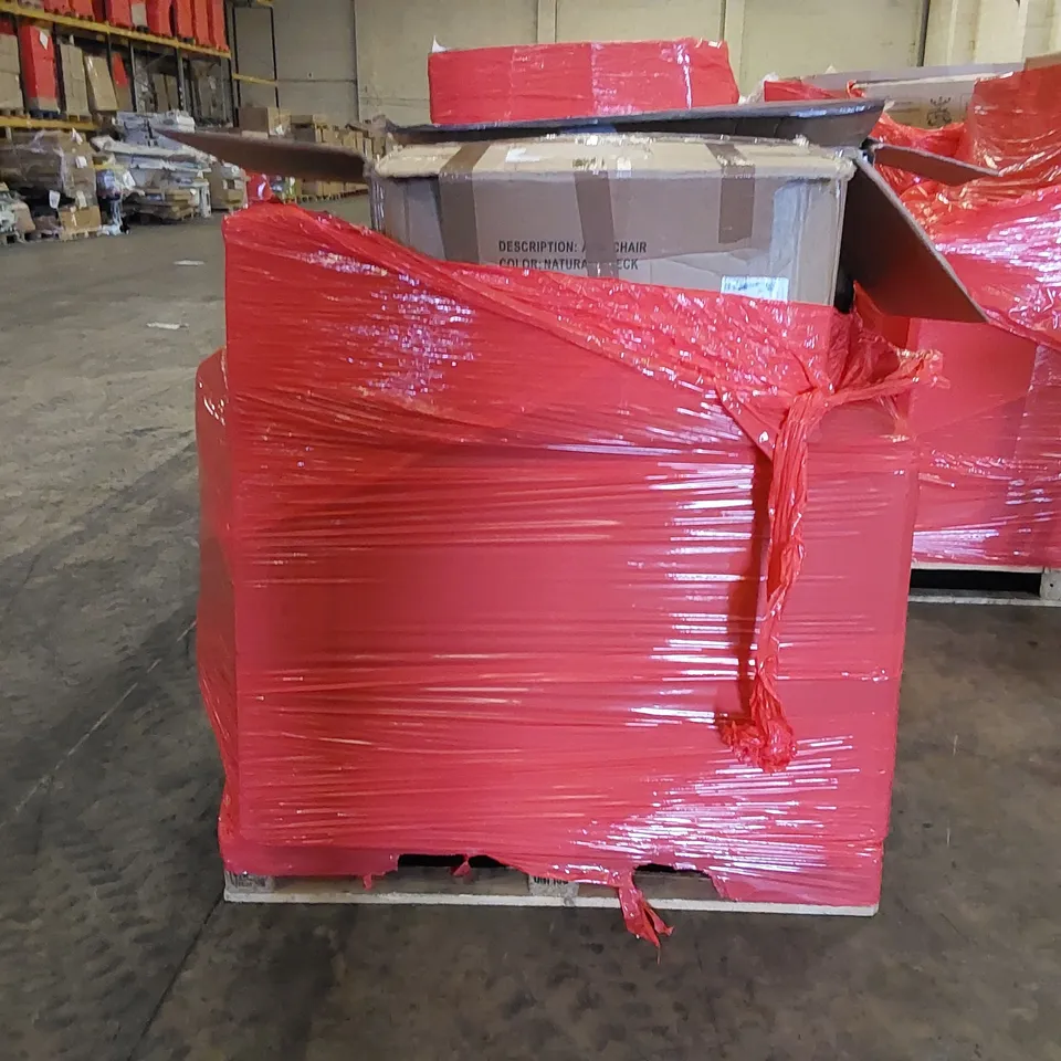 PALLET OF ASSORTED ITEMS INCLUDING: SHELVES, ARMCHAIR, OFFICE CHAIR, BED