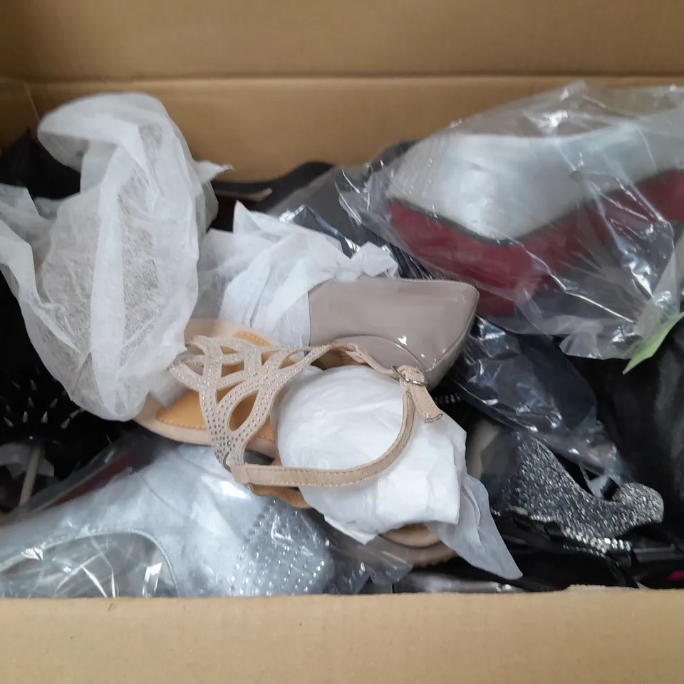 BOX OF APPROXIMATELY 10 ASSORTED WOMENS  SHOES IN VARIOUS COLOURS, STYLES AND SIZES