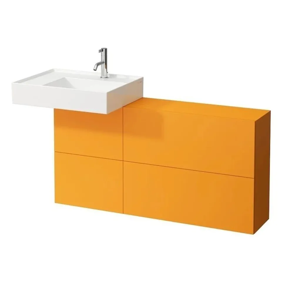 BOXED LAUFEN KARTELL 47 1/4 INCH WALL MOUNT SINGLE BASIN BATHROOM VANITY BASE WITH SIDEBOARD, OCHRE BROWN