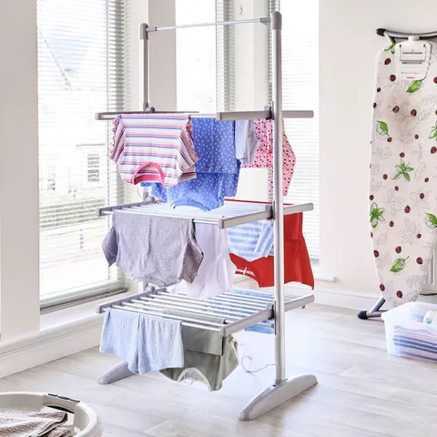 BOXED NEO LARGE INDOOR ELECTRIC 3 TIER AIRER FOLDING FOLDABLE LAUNDRY CLOTHES HORSE PORTABLE HEATED RAIL RACK DRYER COVER 36 RAILS 147 CM (1 BOX)