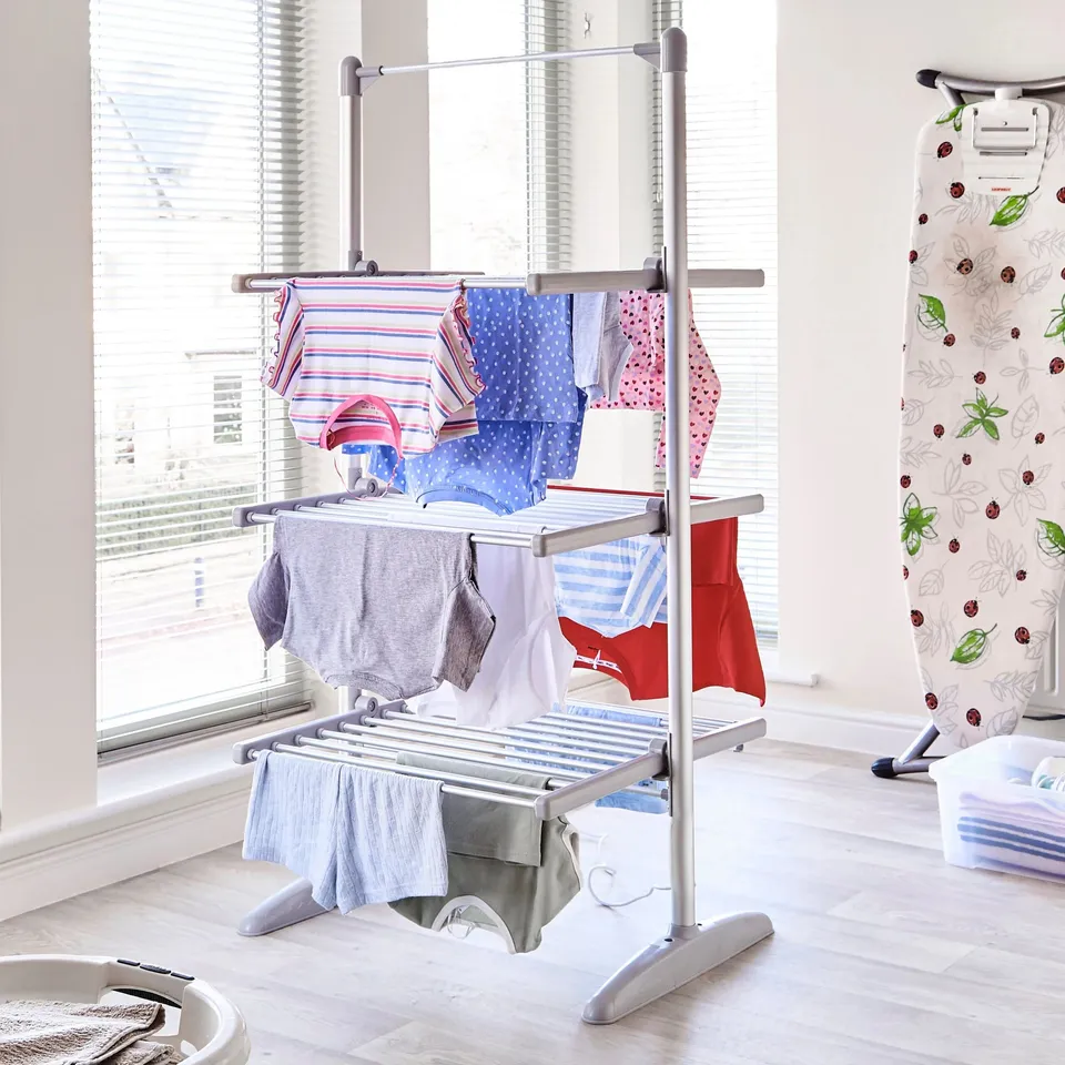 BOXED NEO LARGE INDOOR ELECTRIC 3 TIER AIRER FOLDING FOLDABLE LAUNDRY CLOTHES HORSE PORTABLE HEATED RAIL RACK DRYER COVER 36 RAILS 147 CM (1 BOX)