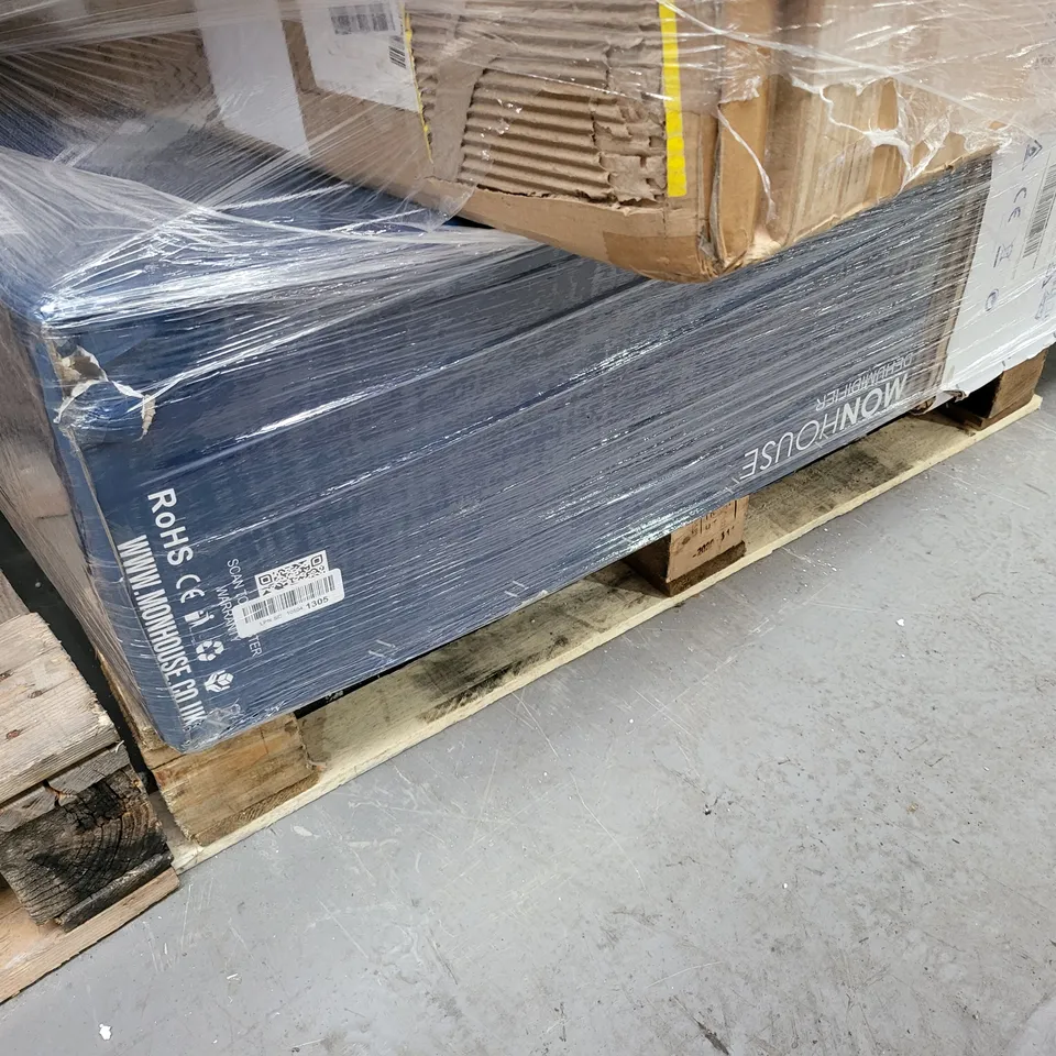 PALLET OF APPROXIMATELY 10 ASSORTED HOME, GARDEN AND COOLING ITEMS TO INCLUDE HEIGHT ADJUSTABLE STANDING DESK FRAME, 3X3M GAZEBO,  MONHOUSE DEHUMIDIFIER, HOMIDEC FLAT PACK DESK WITH STORAGE, ETC