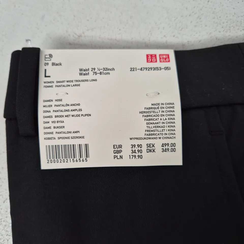 UNIQLO WOMEN'S SMART WIDE TROUSERS LONG – BLACK – UK SIZE L (WAIST 75–81 CM / 29.5–32 IN)