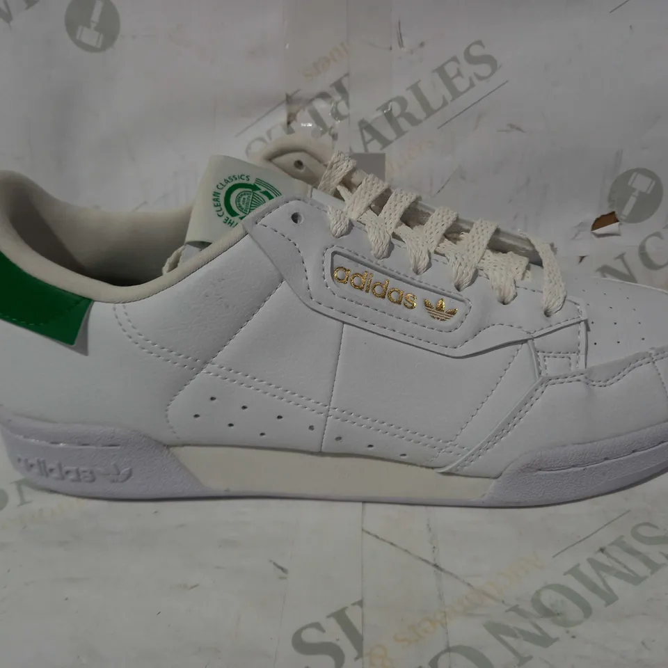 BOXED PAIR OF ADIDAS CONTINENTAL 80 SHOES IN WHITE/GREEN UK SIZE 8.5