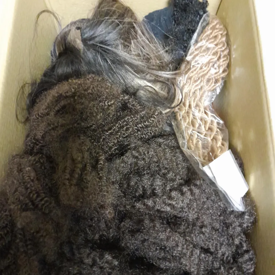 BOX OF APPROXIMATELY 15 WIGS AND HAIR EXTENSIONS IN ASSORTED BRANDS, COLOURS AND STYLES