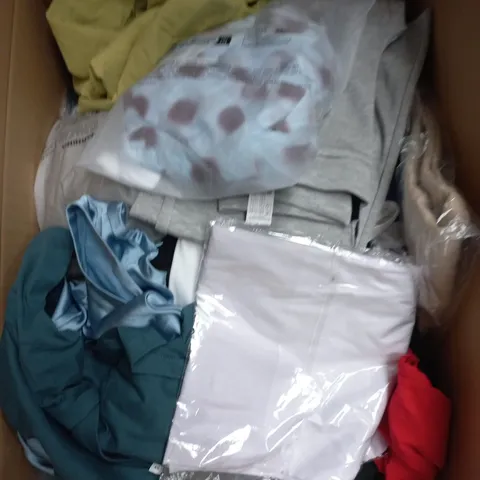 LARGE BOX OF APPROXIMATELY 25 ASSORTED CLOTHING ITEMS IN VARIOUS COLOURS, STYLES AND SIZES - COLLECTION ONLY